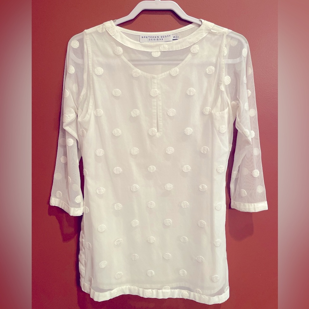 Gretchen Scott Designs; size small; white overlay polka dot embroidered top